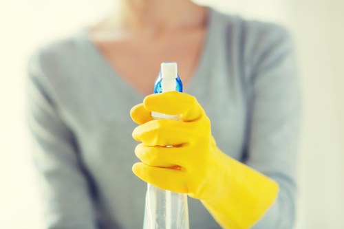 Cleaner working in a modern Canary Wharf high-rise flat