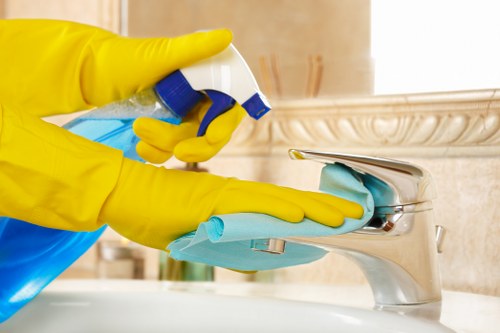 Professional cleaner handling a turnover clean in a Canary Wharf apartment building